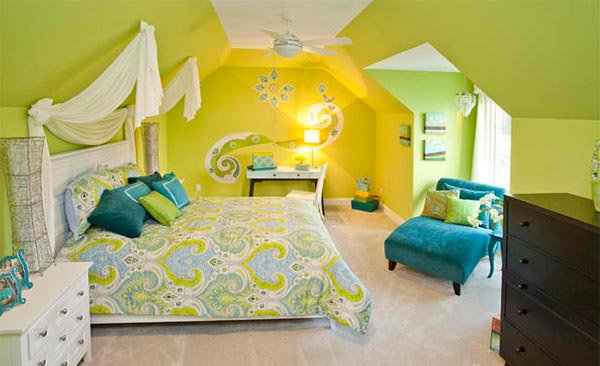 Bedroom in lime green and blue #bedroom #decorhomeideas