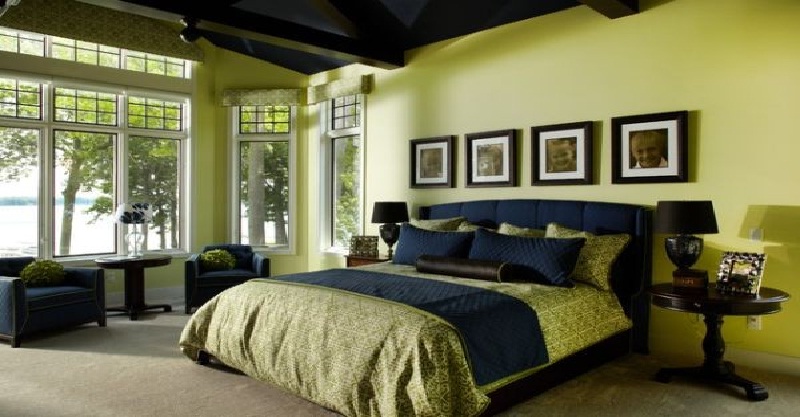 Indigo and citron color combo bedroom interior #bedroom #homedecor #decorhomeideas