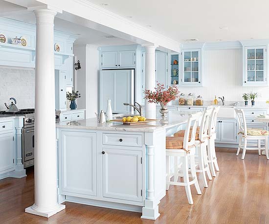 Pastel blue island and cabinetry