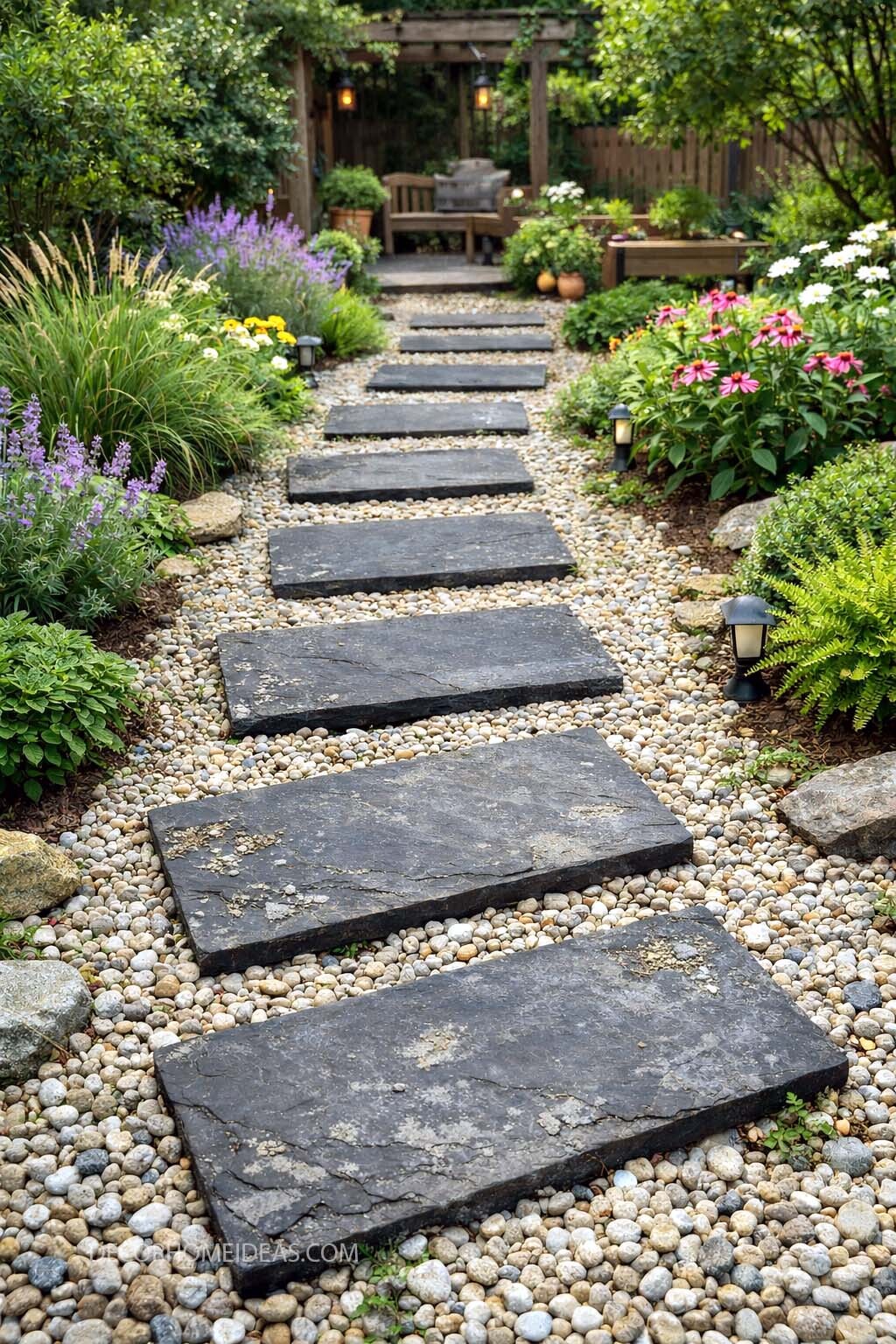 Charming Stone Garden Pathway to a Cozy Backyard Seating Area