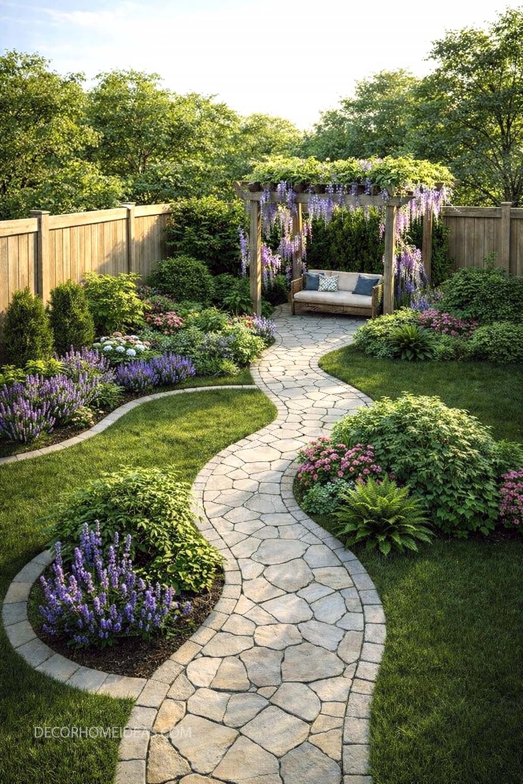 Curved Garden Path to a Cozy Pergola Seating Area