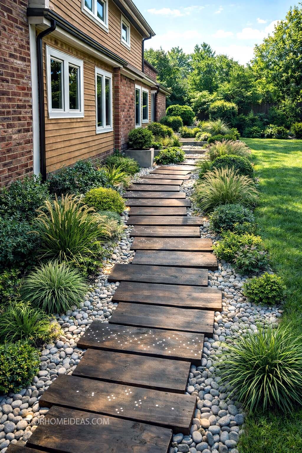 Modern Wood Garden Path Along House Side Yard