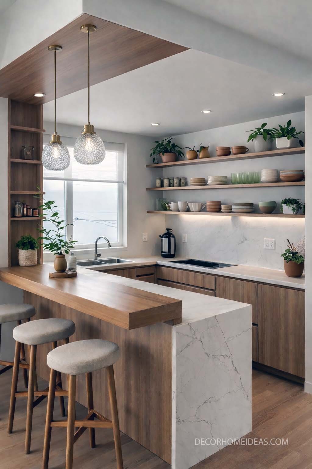 Modern Wood Kitchen with Waterfall Island and Cozy Bar Seating