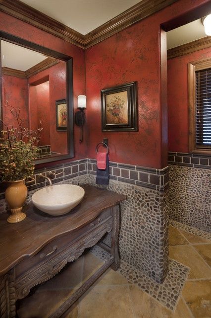 Charcoal black pebble red bathrooms #redbathroom #bathroom #bathroomdesign #bathroomideas #bathroomreno #bathroomremodel #decorhomeideas