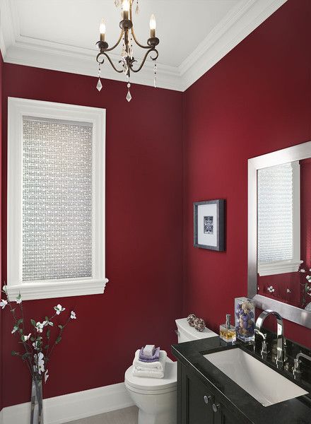 Red bathroom with black vanity #redbathroom #bathroom #bathroomdesign #bathroomideas #bathroomreno #bathroomremodel #decorhomeideas