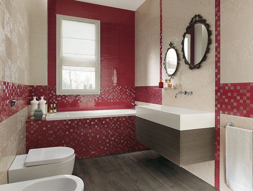 Red bathrooms with mosaic ideas #redbathroom #bathroom #bathroomdesign #bathroomideas #bathroomreno #bathroomremodel #decorhomeideas