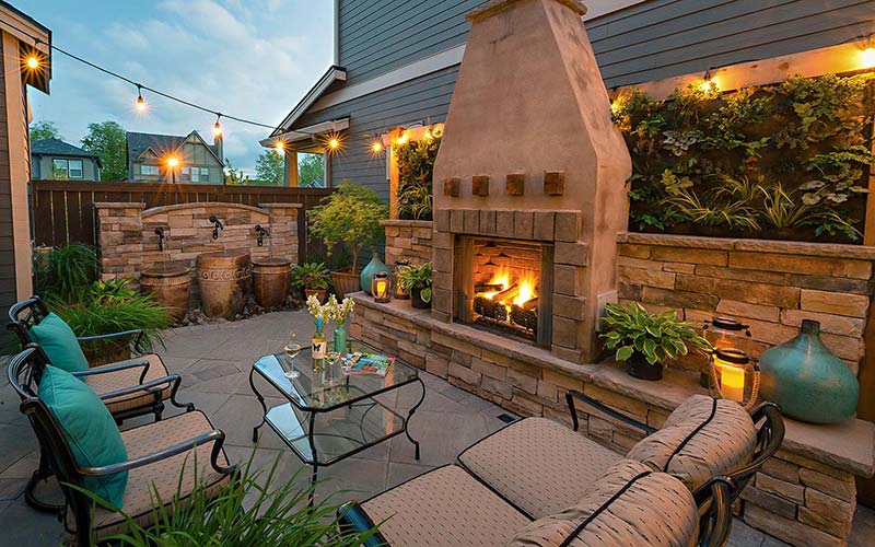 Small place patio with fireplace #patio #homedecor #backyard #furniture #garden #decoratingideas #decorhomeideas 