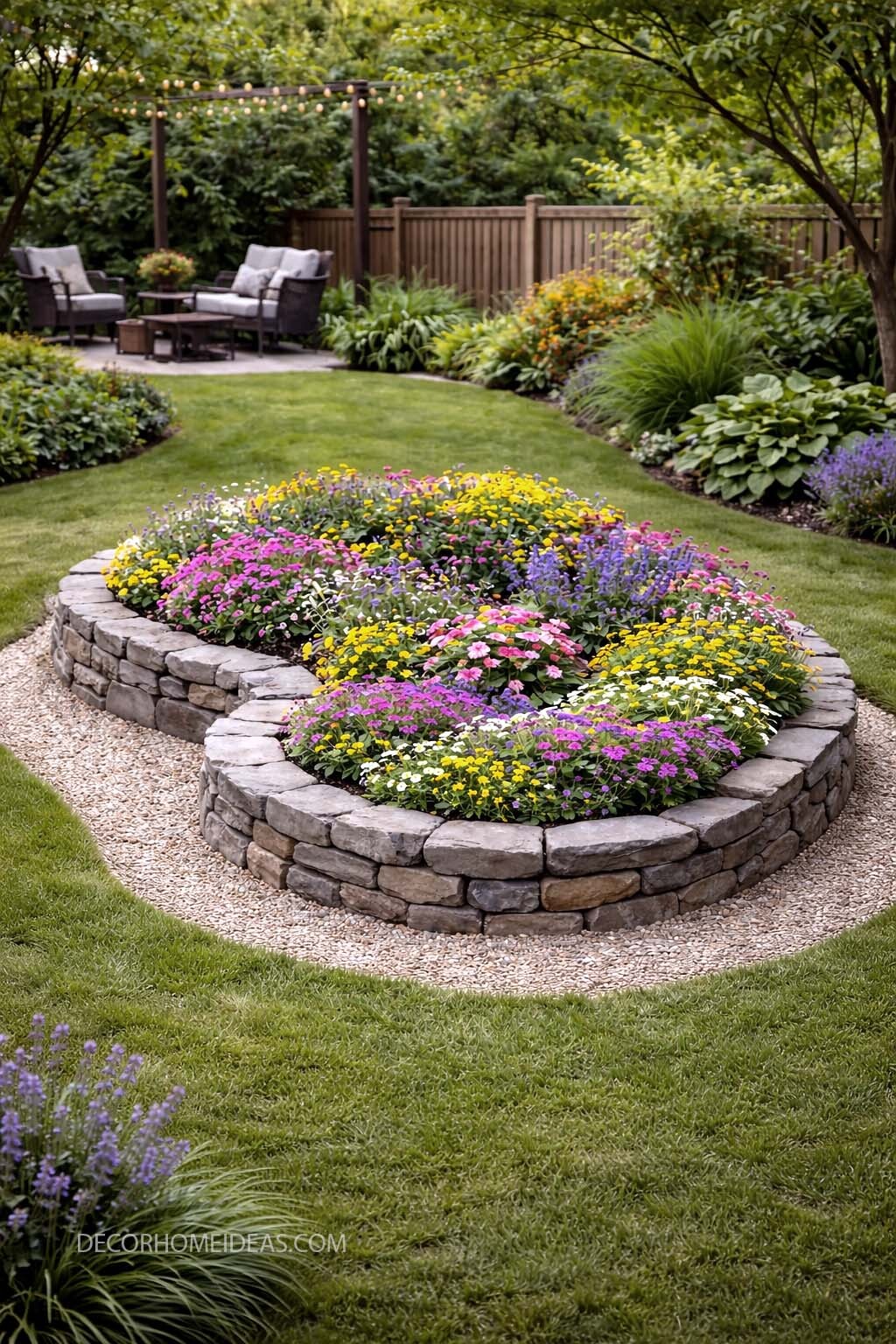 Colorful Raised Flower Bed with Stone Wall