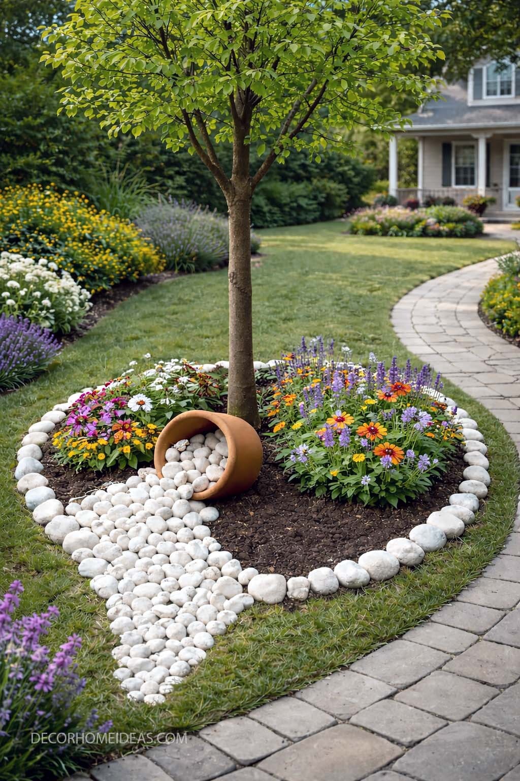 Front Yard Tree Ring with Spilled Pot Rock Feature