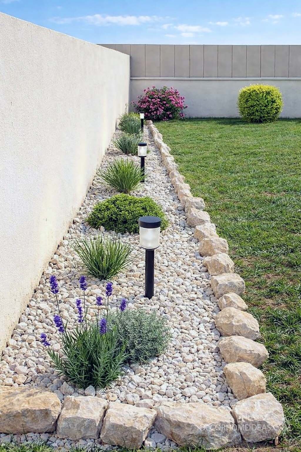 Modern Low Maintenance Rock Garden Border with Solar Lights