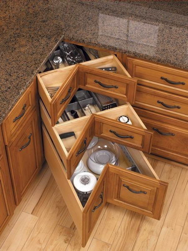 Genius storage corner drawers idea. #kitchen #storage #organization #cupboards #cabinets #decoratingideas #decorhomeideas #drawer