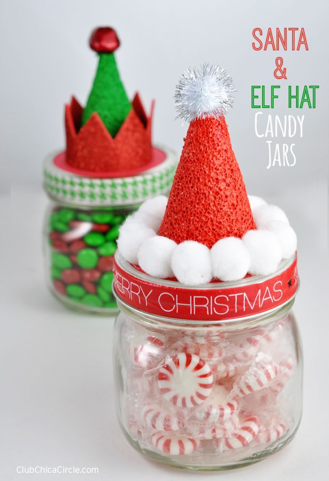 Santa and elf hat jars decor idea #xmas #x-mas #christmas #christmasdecor #christmasjars #jars #decoration #christmasdecorations #decoratingideas #festive #decorhomeideas