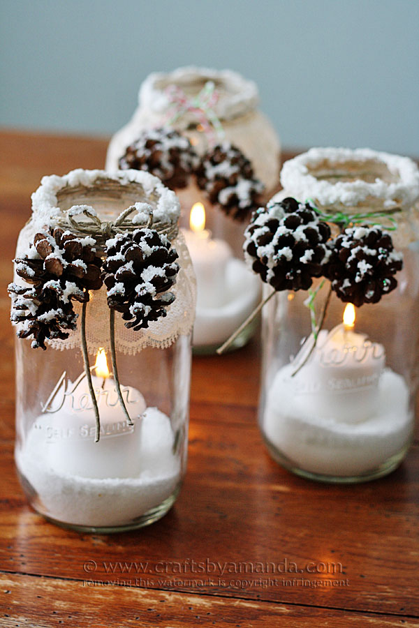 Snowy pinecone candle jars idea #xmas #x-mas #christmas #christmasdecor #christmasjars #jars #decoration #christmasdecorations #decoratingideas #festive #decorhomeideas