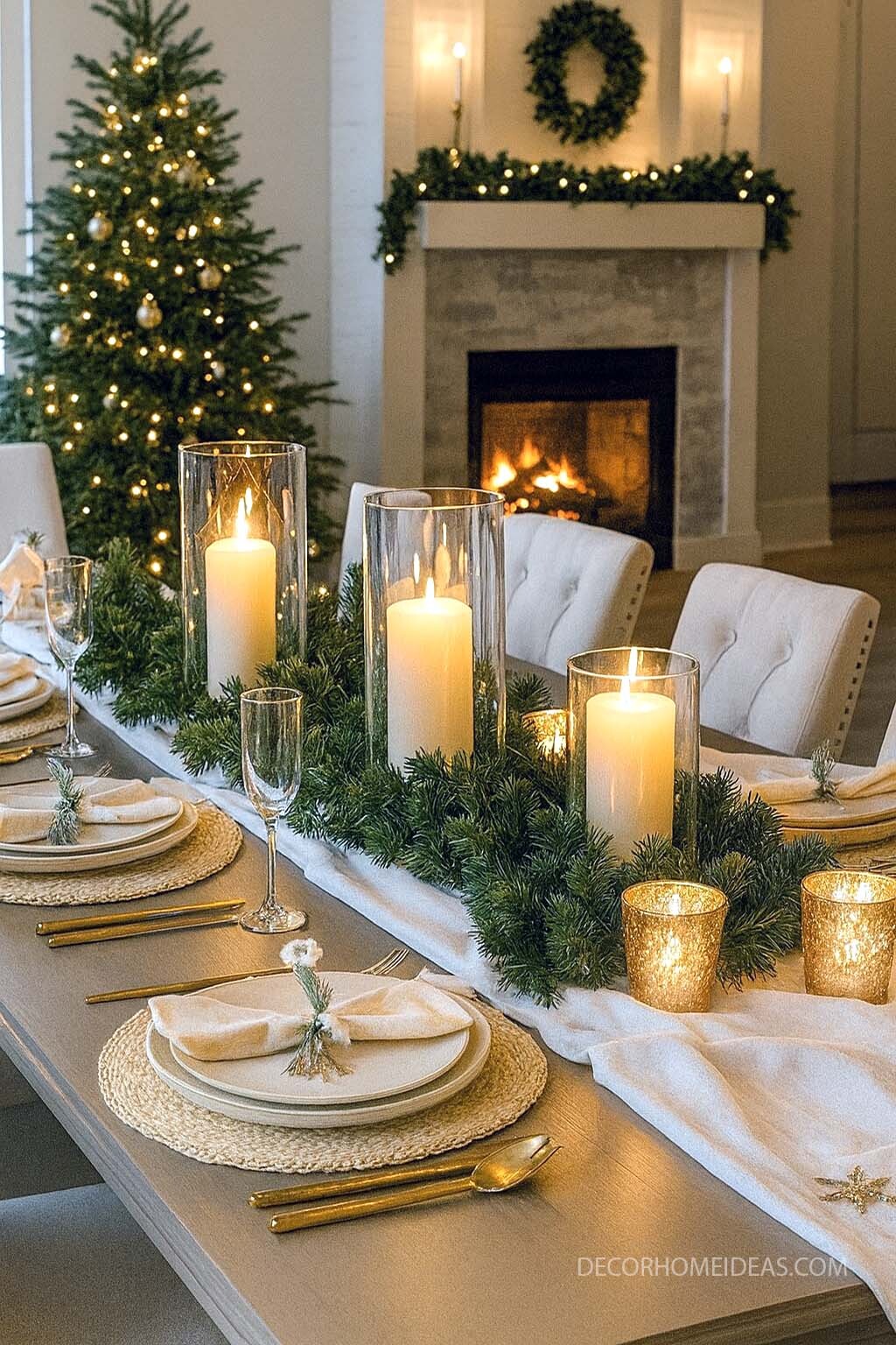 Elegant Christmas Table Setting with Cozy Fireplace Ambiance