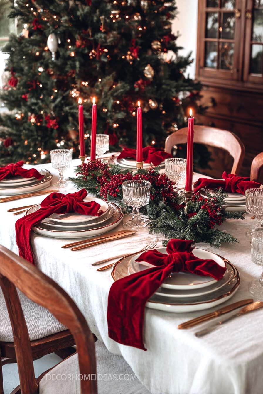 Vintage Inspired Christmas Table Setting with Velvet Bows & Candlelight