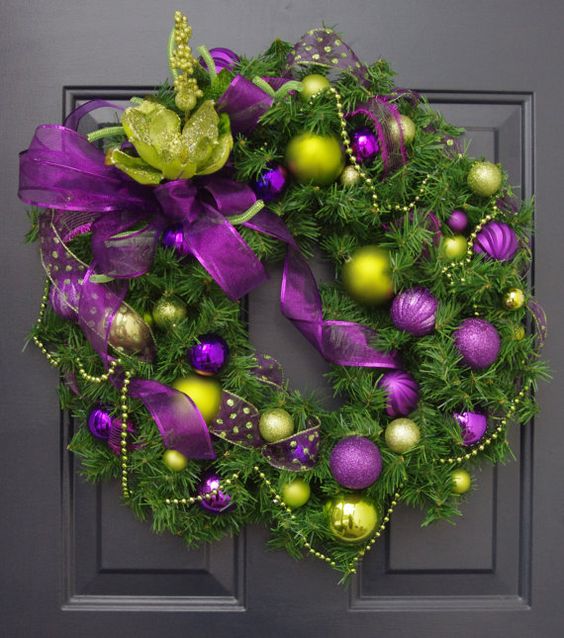 purple lime green balls Christmas wreath #diy #xmas #x-mas #christmas #wreath #christmasdecor #decoration #decoratingideas #festive #decorhomeideas