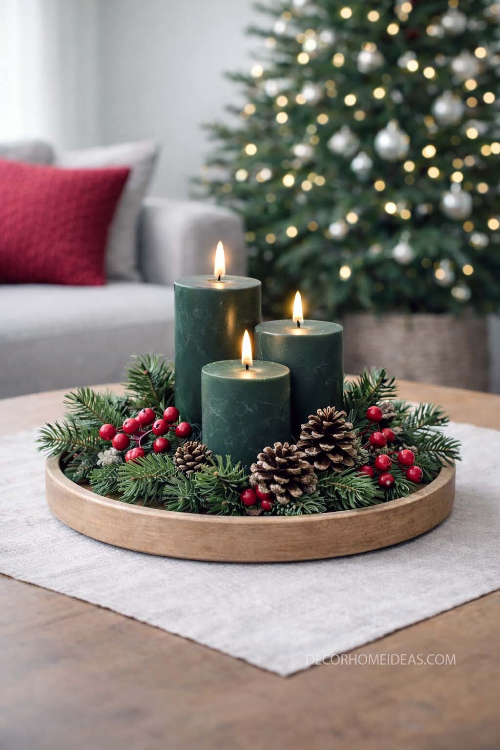 Cozy Christmas Candle Centerpiece with Pinecones and Greenery