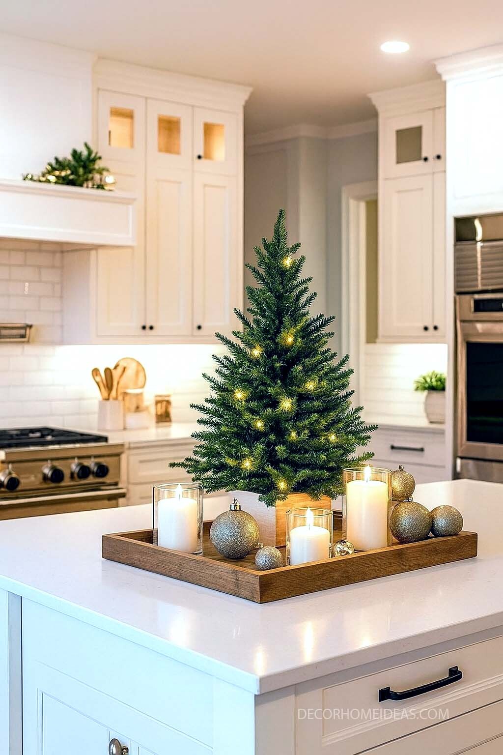 Cozy Christmas Kitchen Island Decor with Mini Tree & Candle Glow