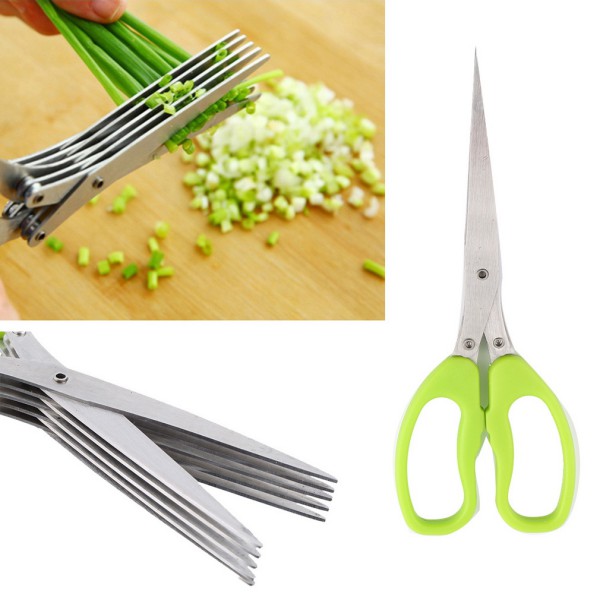 multi functional stainless steel kitchen knives 5 layers scissors sushi shredded scallion cut herb spices scissors cooking tools