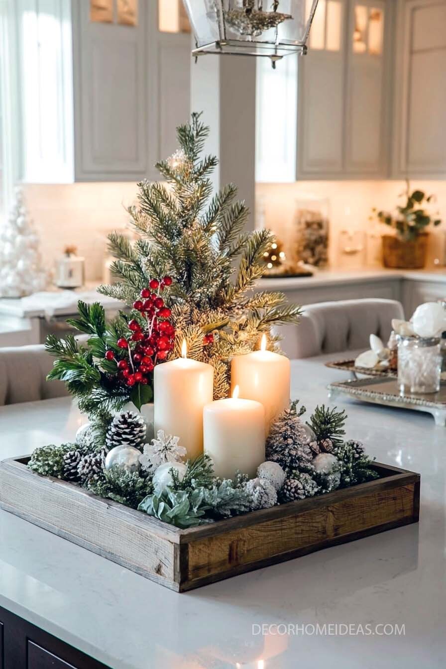 Rustic Christmas Centerpiece with Candles & Mini Tree
