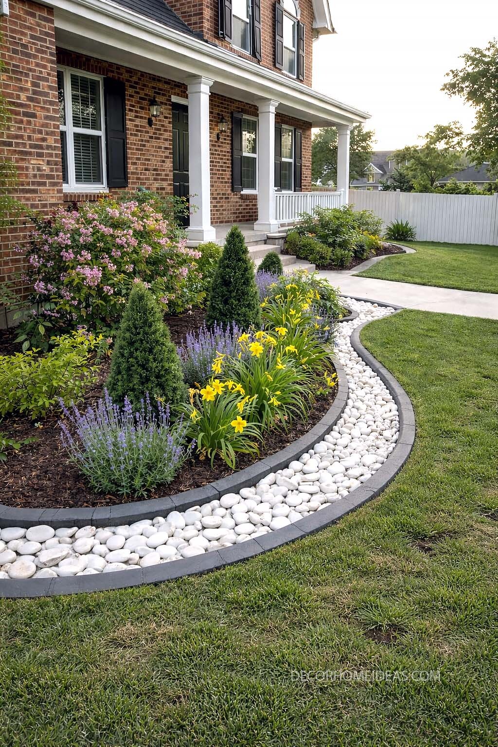 Beautiful Front Yard Garden with Stone Border and Vibrant Flowers