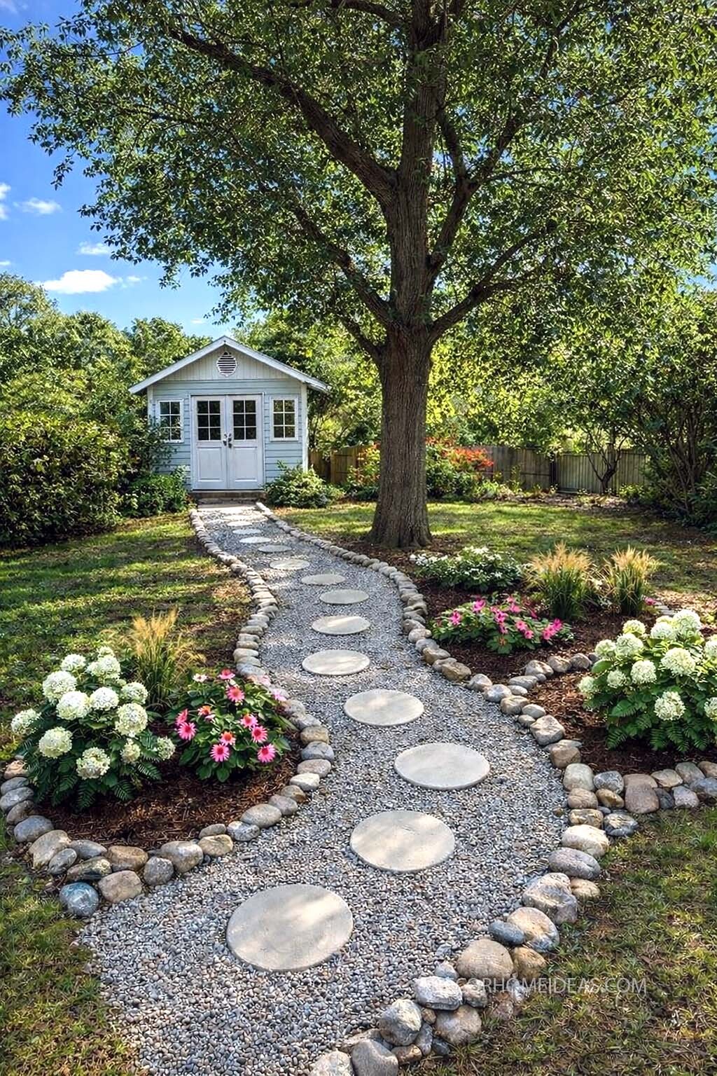Peaceful Garden Pathway with Cottage and Flower Borders