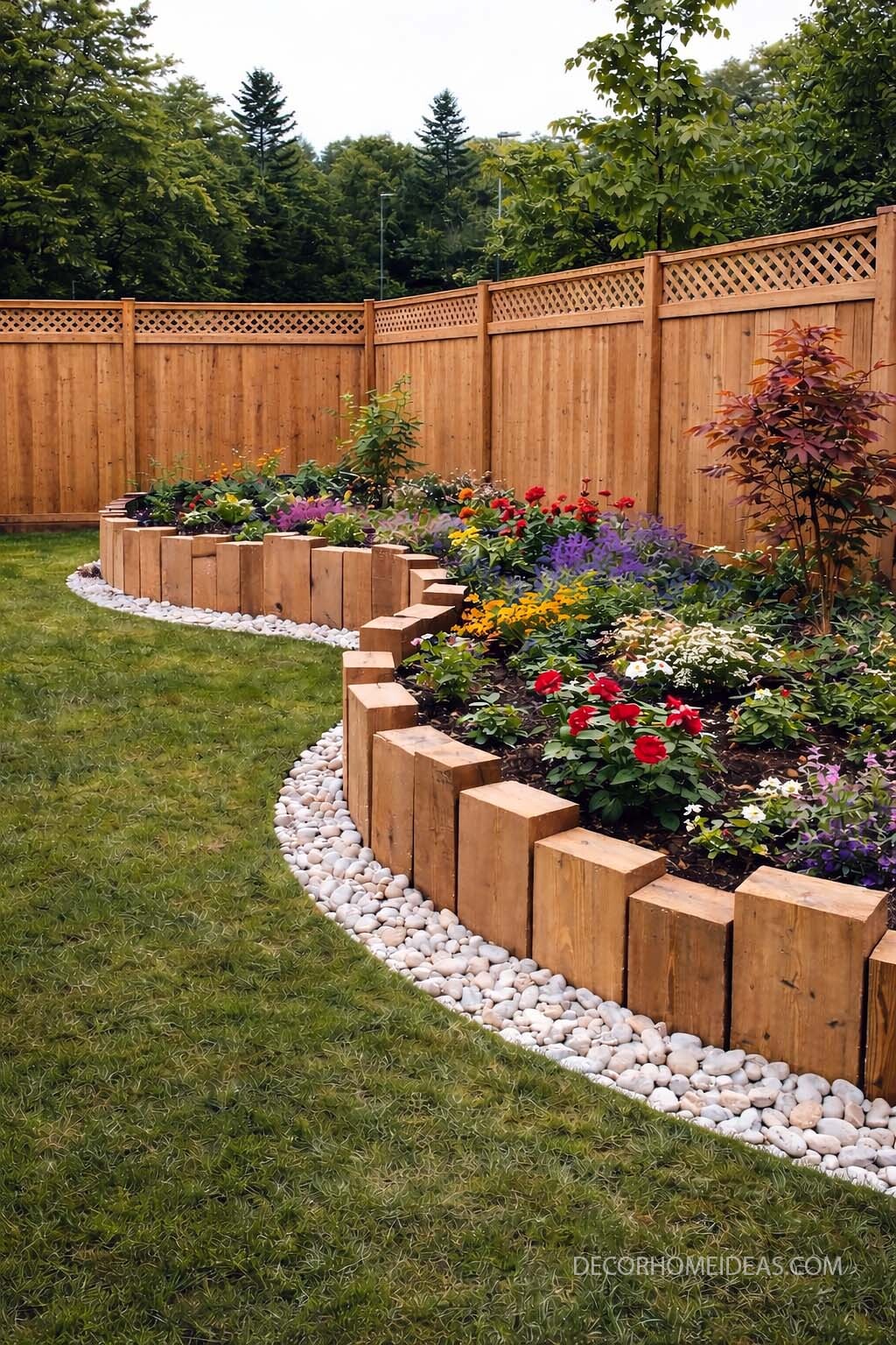 Stunning Tiered Flower Bed with Wooden Edging and River Rocks