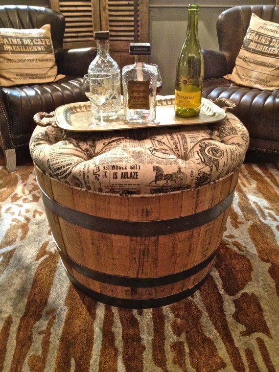 Ottoman from wine barrel #winebarrel #repurposed #diy #barrel #decoratingideas #homedecor #decorhomeideas