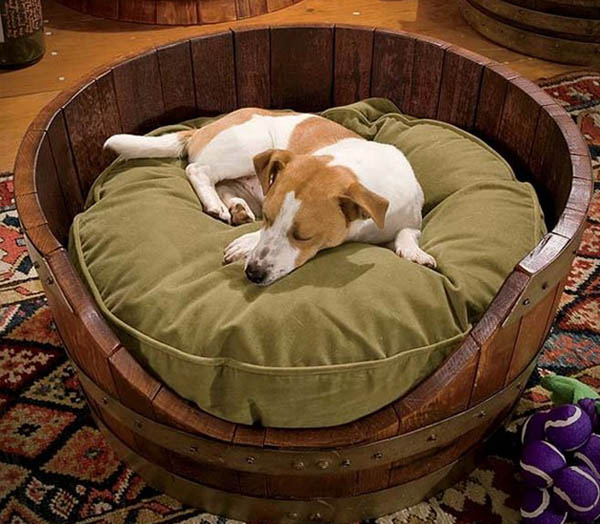 Dog bed wine barrel #winebarrel #repurposed #diy #barrel #decoratingideas #homedecor #decorhomeideas