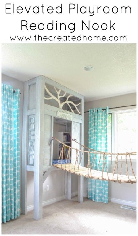 How to build an elevated reading nook for your kids to go along with the cabin playhouse. Or not. Either way your kids will love this space! #readingnook #nook #readingcorner #decoratingideas #homedecor #cozynook #decorhomeideas