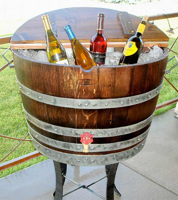 Ice cold drinks in wine barrel #winebarrel #repurposed #diy #barrel #decoratingideas #homedecor #decorhomeideas