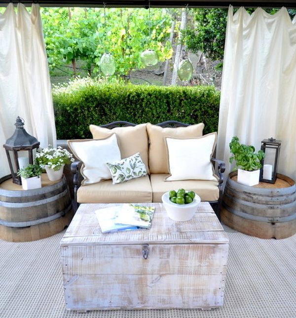 Wine barrel patio side tables #winebarrel #repurposed #diy #barrel #decoratingideas #homedecor #decorhomeideas
