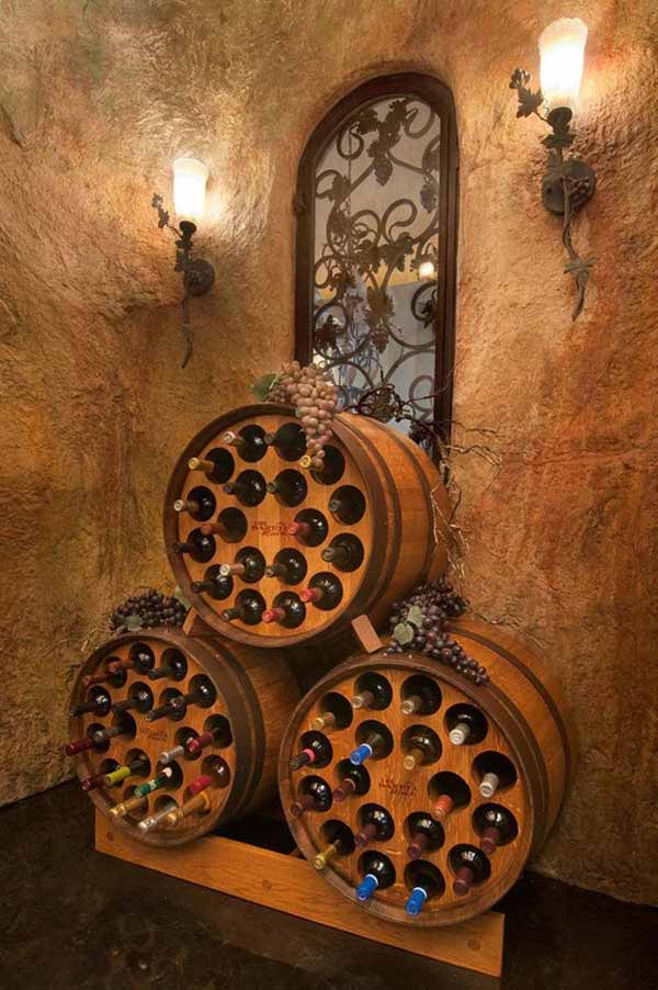 Wine cellar with diy wine rack from old wine barrels #winebarrel #repurposed #diy #barrel #decoratingideas #homedecor #decorhomeideas