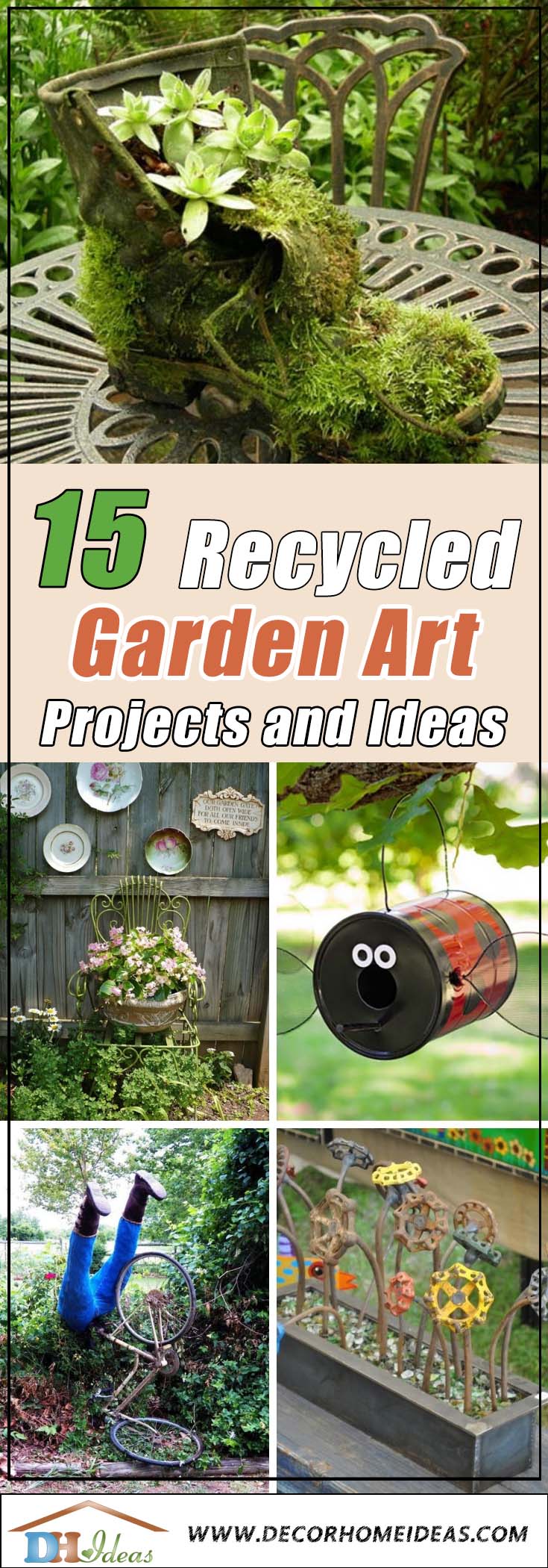 15 Awesome DIY Recycled Garden Art Projects | Best recycled art garden ideas, DIY and projects. Creative themes and designs #diy #gardens #recycled #gardening #gardenideas #gardeningtips #decorhomeideas