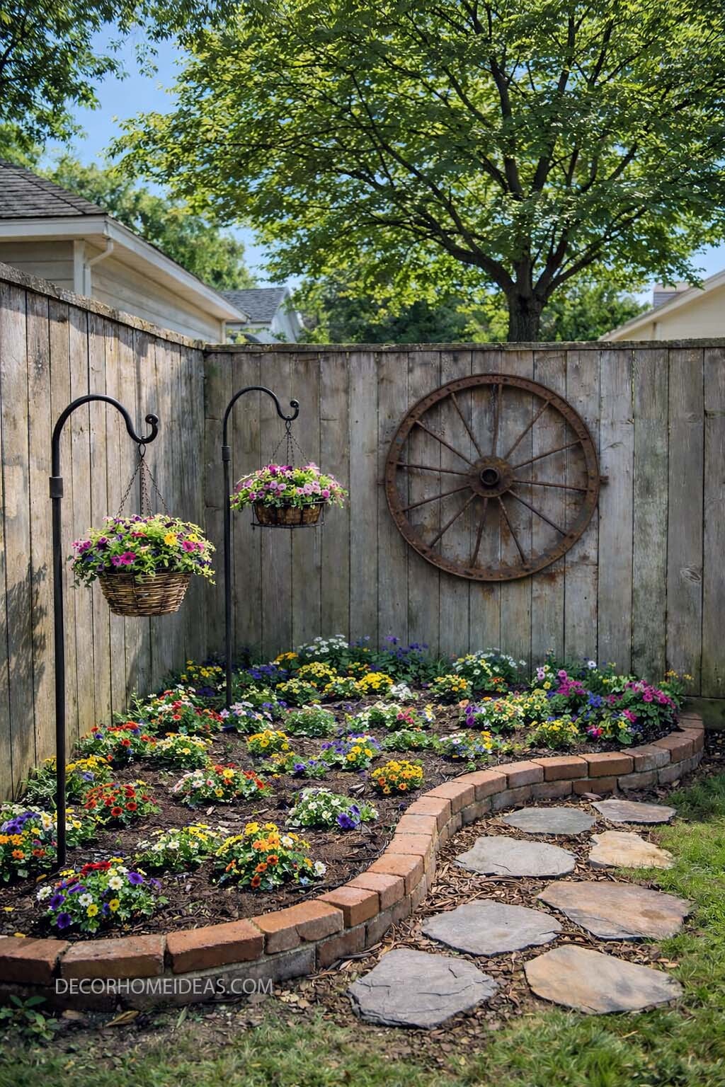 Charming Backyard Flower Bed with Rustic Fence and Wagon Wheel Decor