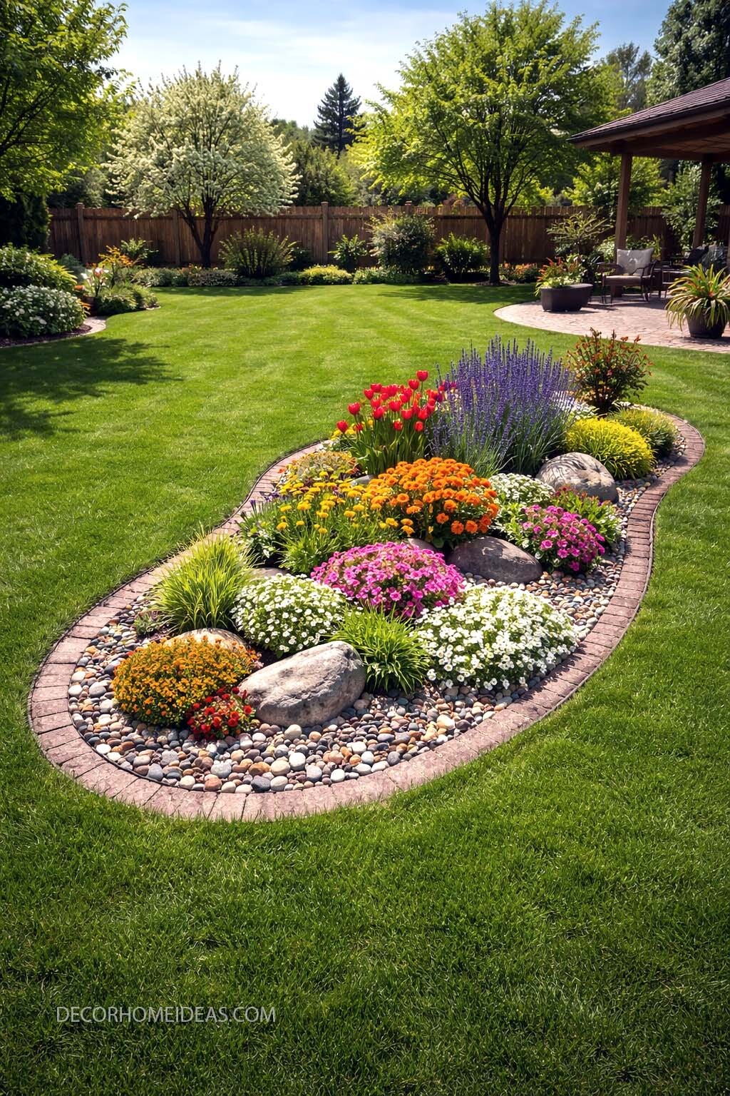 Colorful Island Flower Bed Idea for a Lush Backyard