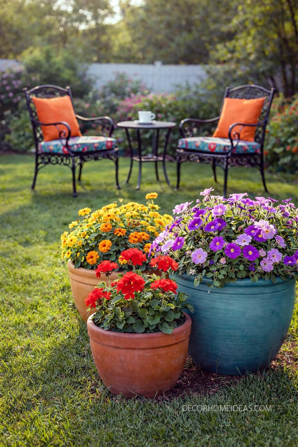 Cozy Backyard Seating Area with Colorful Flower Pots
