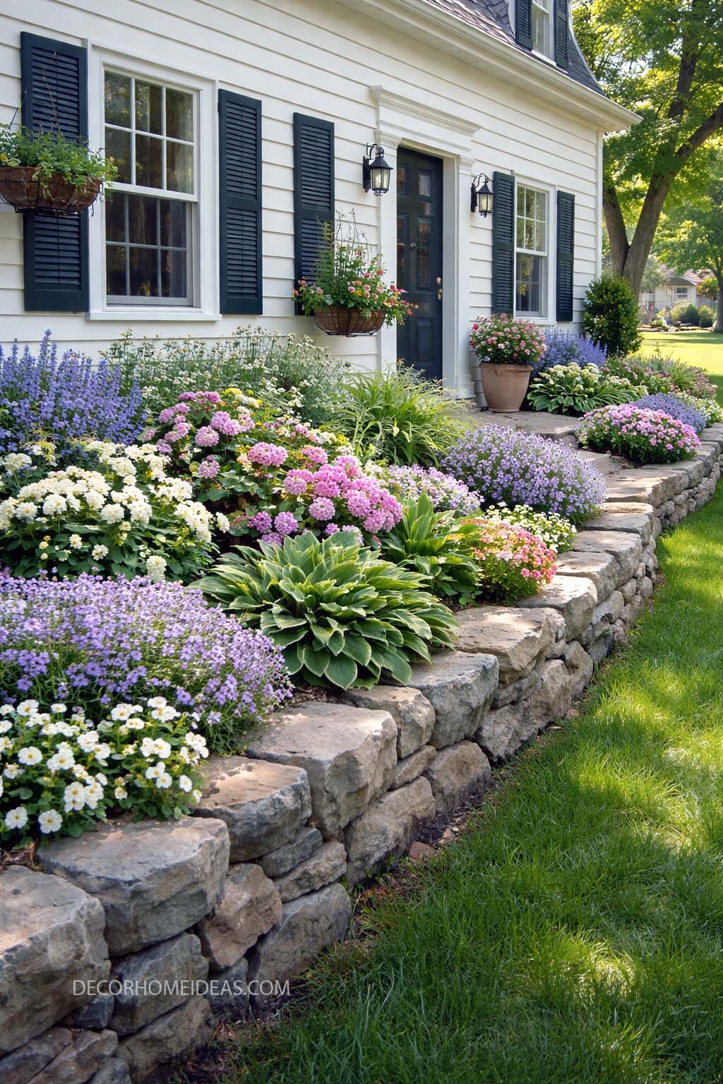 Front Yard Flower Bed Ideas with Stone Retaining Wall