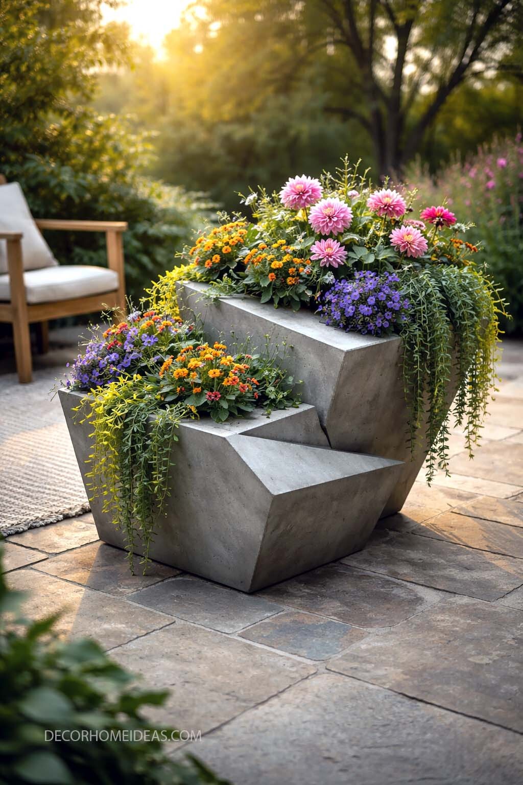 Modern Patio Planter Idea with Geometric Concrete Pots and Cascading Flowers