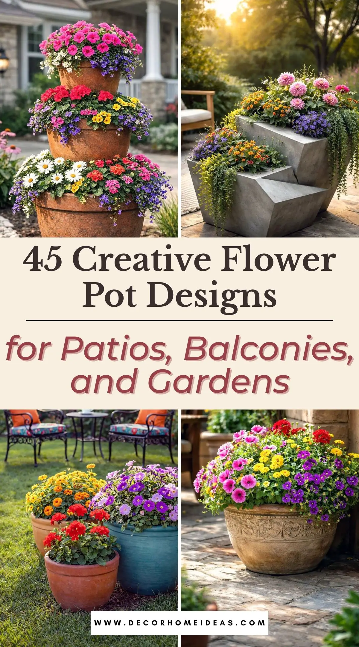 Find beautiful flower pot ideas for small spaces, balcony gardens, patio decor, and backyard landscaping. These eye-catching planter ideas combine modern garden trends, DIY flower pot crafts, and creative outdoor decorating tips.