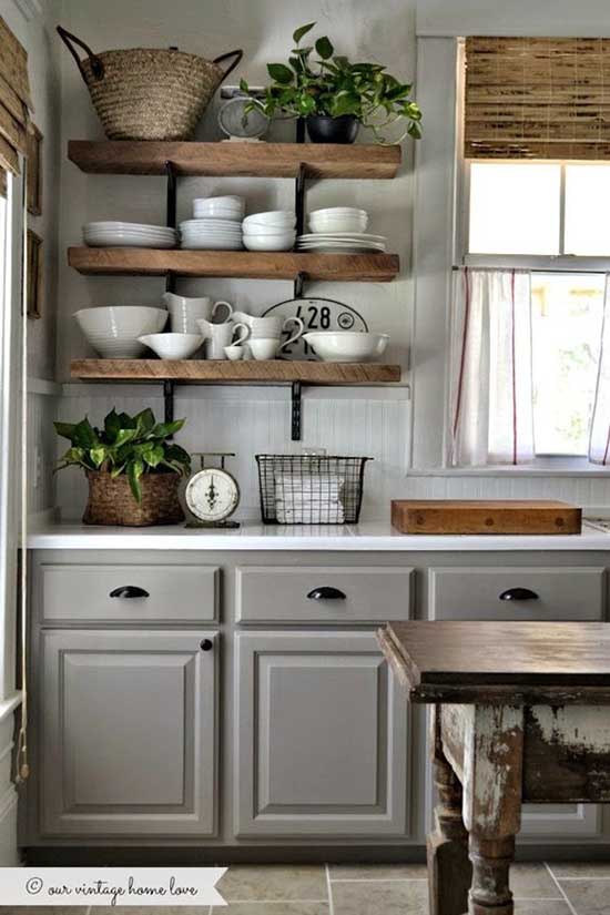 Farmhouse gray kitchen cabinets and shelves #kitchen #graycabinets #graypaint #graykitchencabinets #homedecor #decoratingideas #decorhomeideas