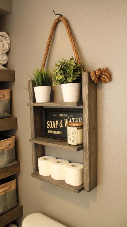 Farmhouse ladder shelf with rope #farmhouse #farmhousedecor #storage #organization #farmhousestorage #decorhomeideas