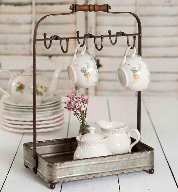 Farmhouse decor tabletop mug rack tea display #farmhouse #farmhousedecor #storage #organization #farmhousestorage #decorhomeideas