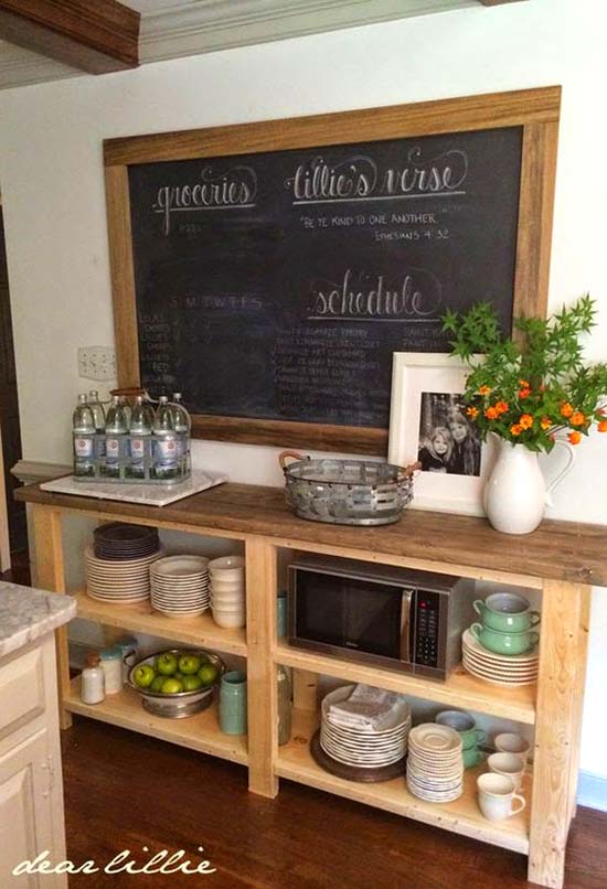 Farmhouse storage with chalk board #farmhouse #farmhousedecor #storage #organization #farmhousestorage #decorhomeideas