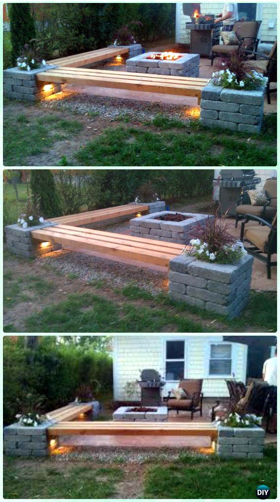 Square Propane Fire Pit With Bench and Patio Area #firepit #firepitideas #diy #garden #decorhomeideas