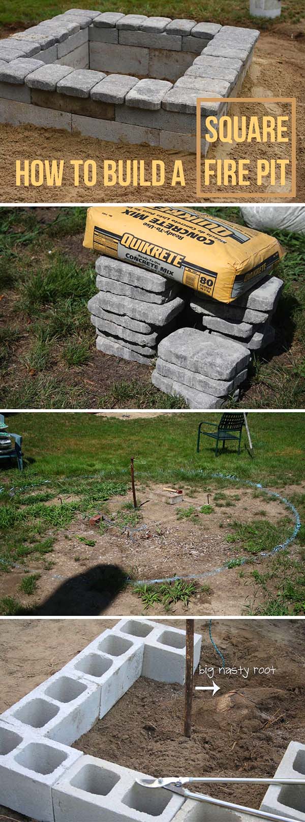 DIY Square Concrete and Stone Firepit #firepit #firepitideas #diy #garden #decorhomeideas