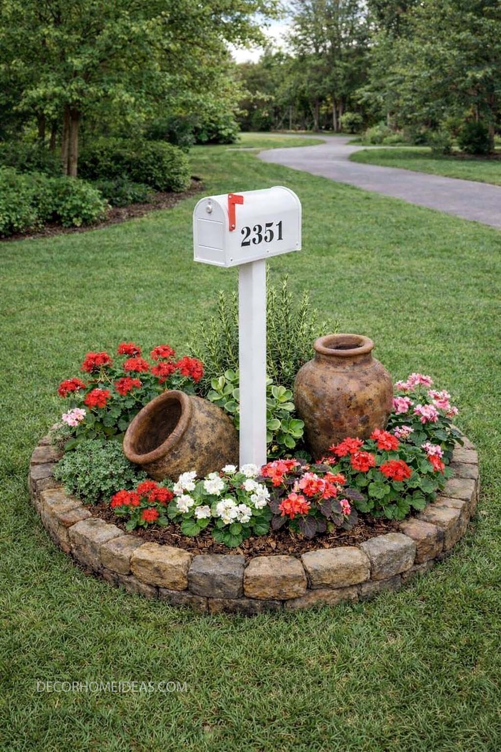 Mailbox Flower Bed with Stone Border and Rustic Urns