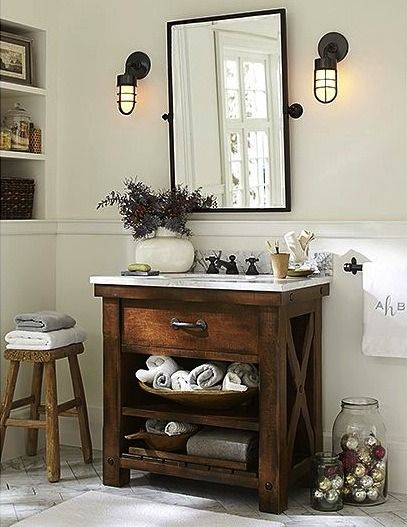 Farmhouse small bathroom vanity #vanity #bathroomvanity #vanityideas #bathroom #bathroomideas #storage #organization #decorhomeideas