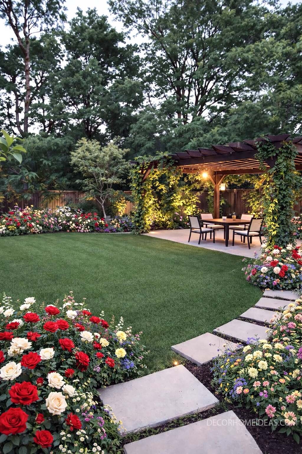 Backyard Pergola Patio with Flower Filled Path