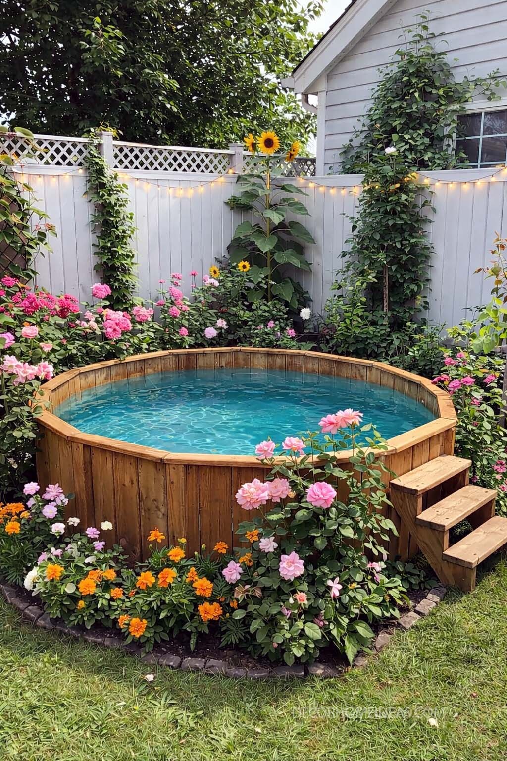 Charming Backyard Plunge Pool Oasis With Flower Garden